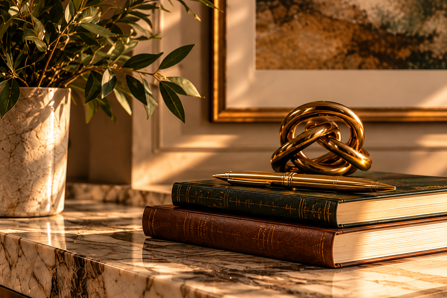 Gold Pen Advisory office — desk with books and sculpture