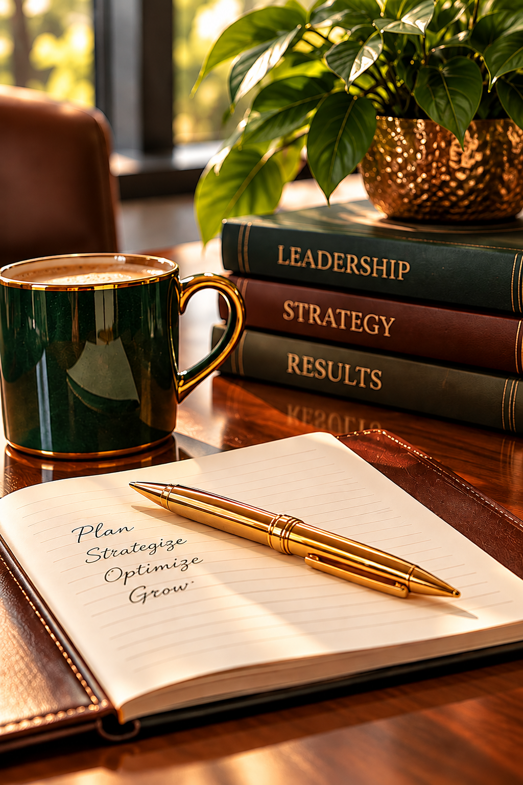 Leadership, strategy and results — gold pen on open notebook with coffee and books